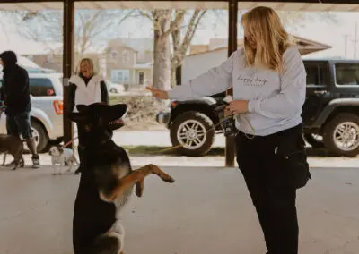 Woman training German shepherd to sit up under pavilion, smiling and holding leash